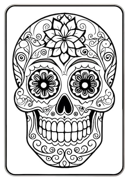 a black and white skull with a flower design on it