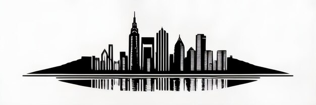 A black and white skyline of a city with a water reflection