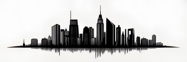 A black and white skyline of a city with a water reflection