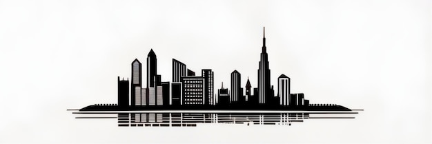 A black and white skyline of a city with a water reflection