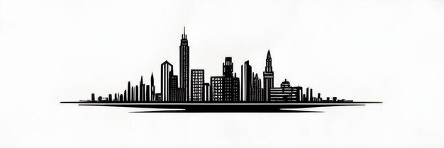 A black and white skyline of a city with a water reflection