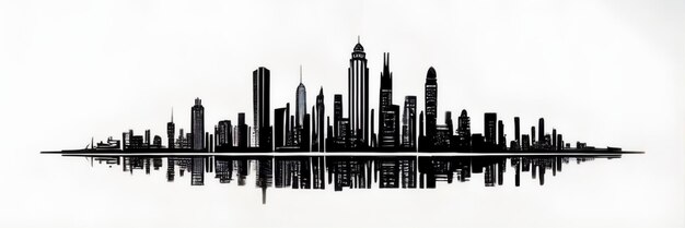 A black and white skyline of a city with a water reflection