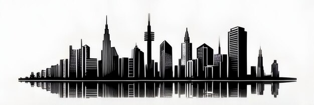 A black and white skyline of a city with a water reflection