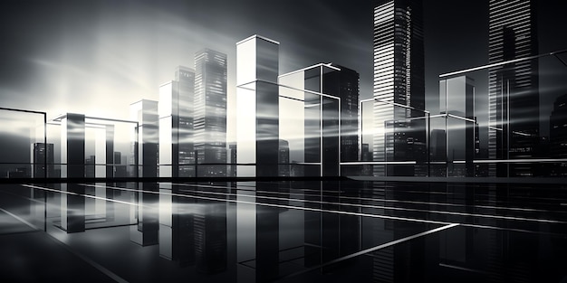 Black and white of skyscrapers against night cityscape 3d rendering