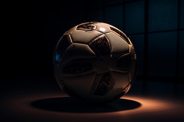 A black and white soccer ball in a dark room