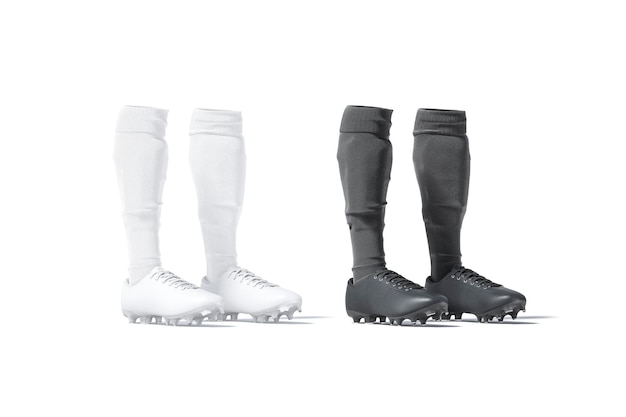 Black and white soccer boots with socks pair mockup. Football gaiters and sneakers mock up.