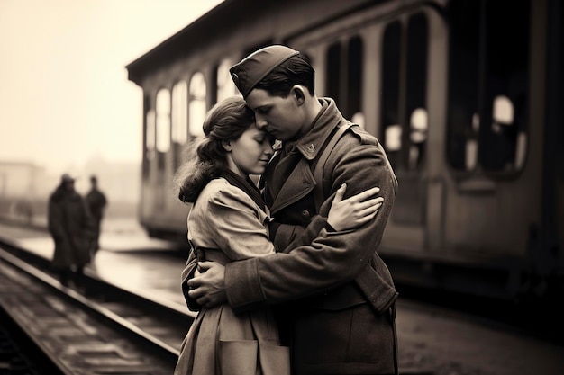 black and white soldier says goodbye to his family before leaving for war at the train station