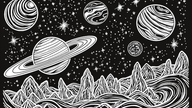 Photo black and white space landscape with planets and stars