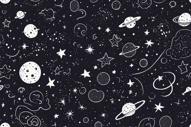 A black and white space with a galaxy of planets and stars