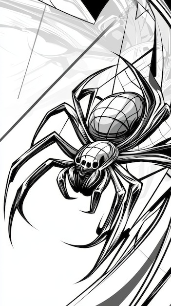 Photo black and white spider with web illustration