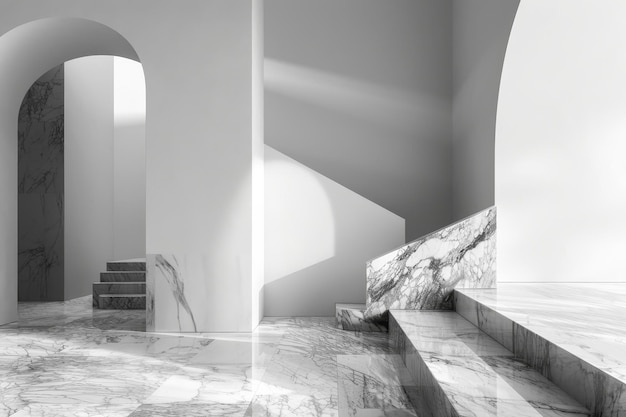 A black and white staircase with minimalist marble design and clean lines in a modern building A minimalist marble design with clean lines and a monochromatic color scheme