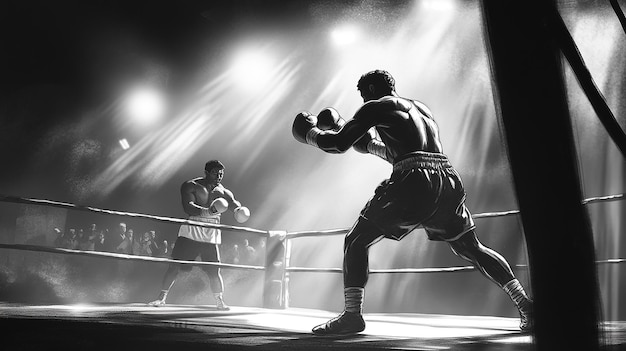 Black and White Storyboard of a Boxing Match from a Low Angle View