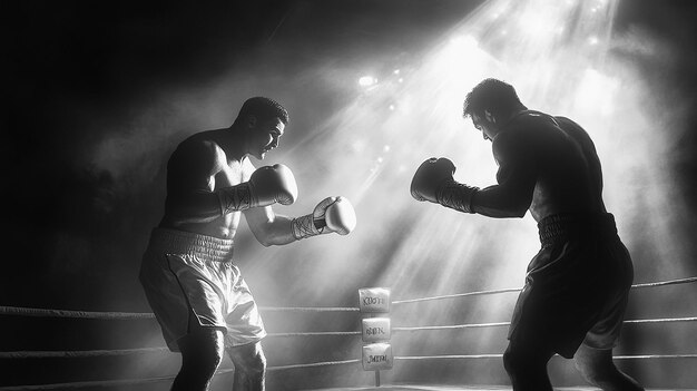 Black and White Storyboard of a Boxing Match from a Low Angle View