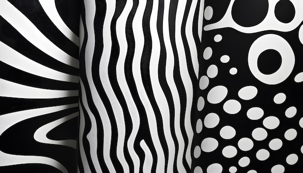 Photo a black and white striped curtain with a pattern of dots and dots