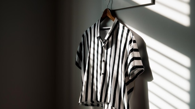 Black and white striped shirt hanging on hanger next to window Generative AI