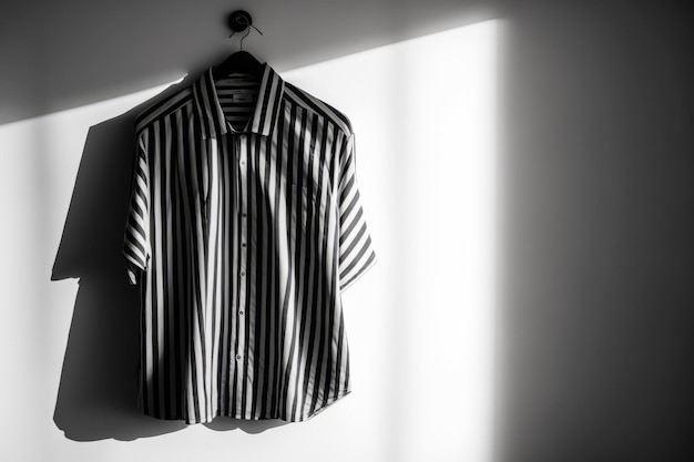 Black and white striped shirt hanging on wall next to white wall Generative AI