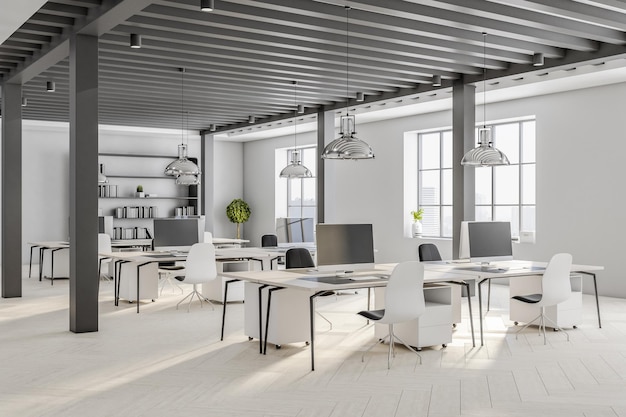 Black and white style interior design of modern office with black wooden posts white tables and chairs stylish chrome lamps from top and light parquet