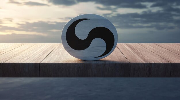 Photo black and white swirl symbol on wood surface against dramatic sky