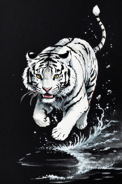 Black and white tiger on black background running towards on water Modern exclusive background for poster wallpaper