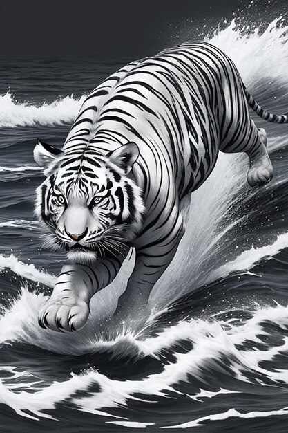 Black and white tiger on black background running towards on water Modern exclusive background for poster wallpaper