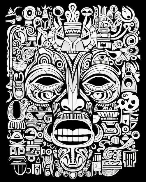 Photo black and white tiki mask doodle