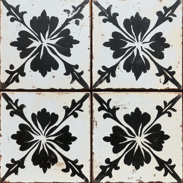 Photo a black and white tile with a flower design on it