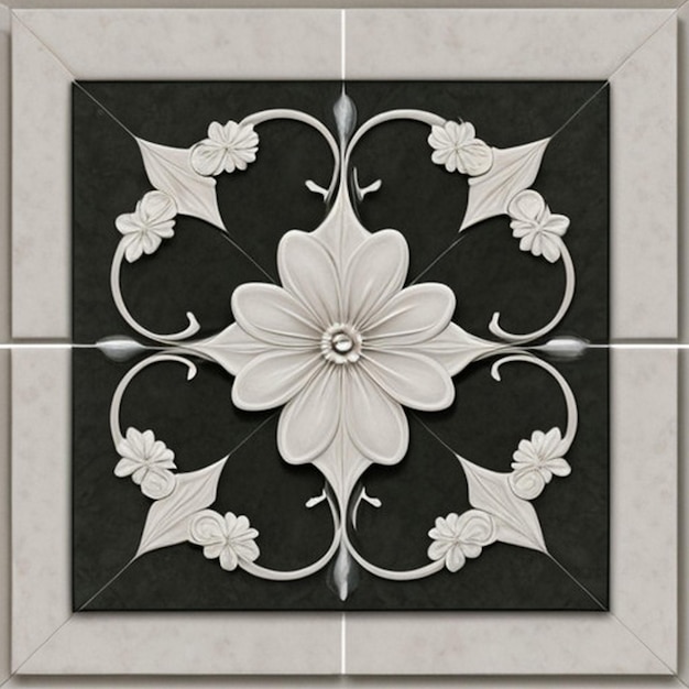 Photo a black and white tile with a flower design on it