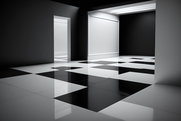 A black and white tiled floor with a black and white checkered floor.