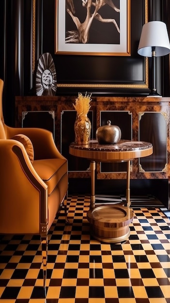 A black and white tiled floor with a gold and black checkerboard pattern.