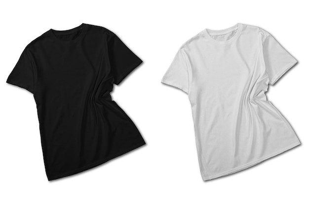 Black and white tshirt short sleeve top view with flat lay concept isolated on plain background