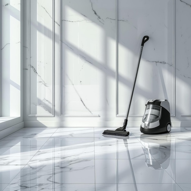 Photo a black and white umbrella sits on a tile floor next to a window