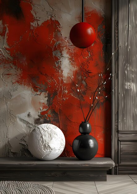 Photo a black and white vase sits on a wooden shelf next to a white ball