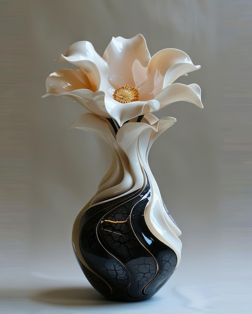 A black and white vase with a large flower in it