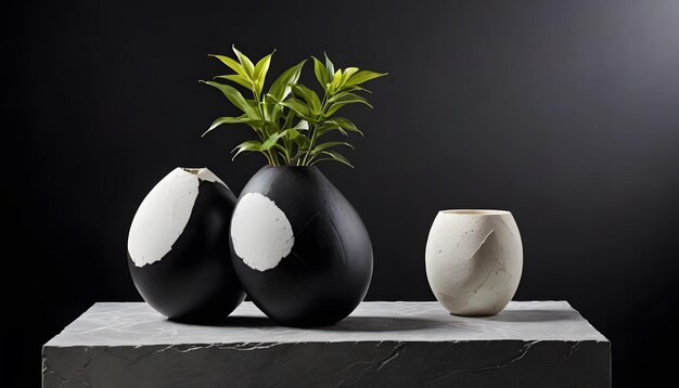 Photo black and white vases with green plant