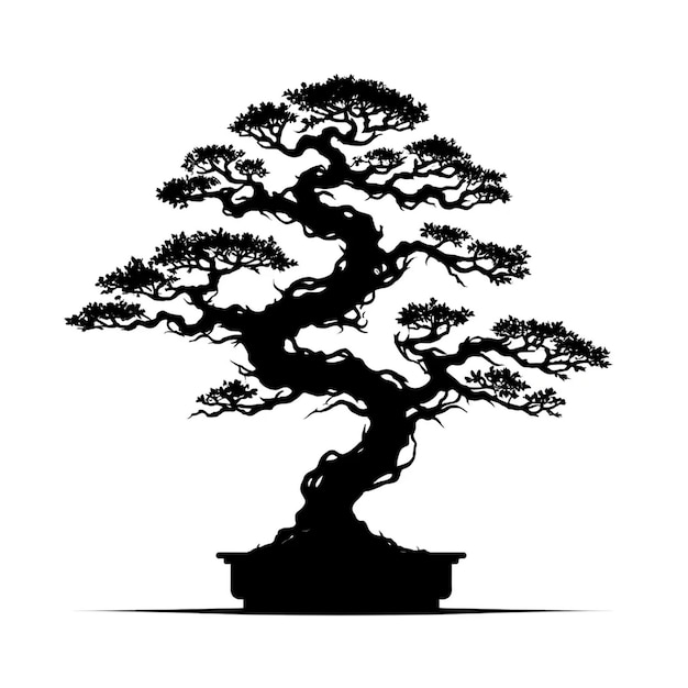 A black and white vector illustration of a bonsai tree silhouette