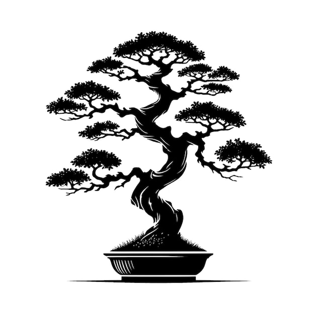 A black and white vector illustration of a bonsai tree silhouette