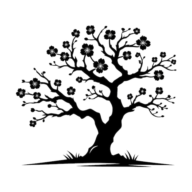 A black and white vector illustration of a cherry blossom tree silhouette