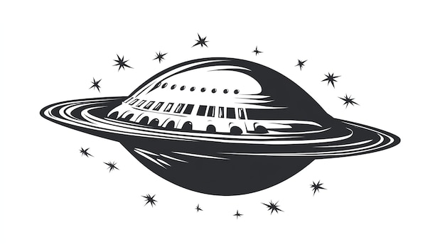 Photo black and white vector illustration of a classic flying saucer with stars in the background