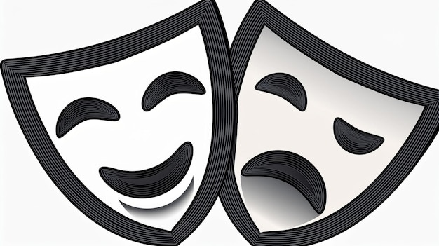 The black and white vector logo depicts two theater masks one mask is laughing with black lines