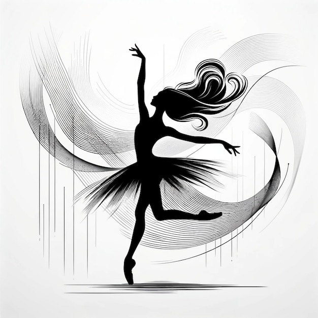 A black and white vector silhouette illustration of a ballerina in midpose