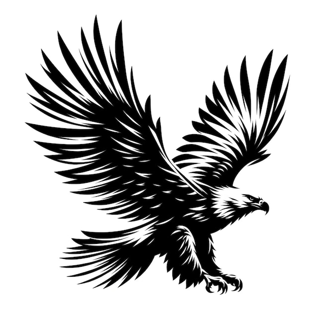 A black and white vector silhouette illustration of a majestic eagle in flight