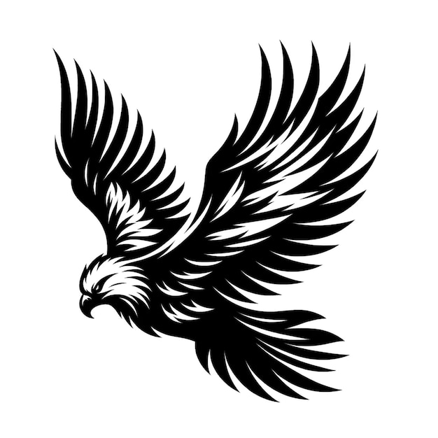 A black and white vector silhouette illustration of a majestic eagle in flight