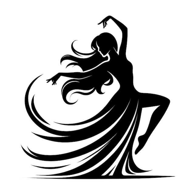 A black and white vector silhouette illustration of a woman dancing