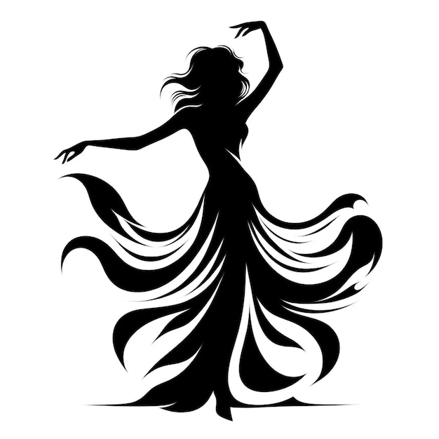 A black and white vector silhouette illustration of a woman dancing