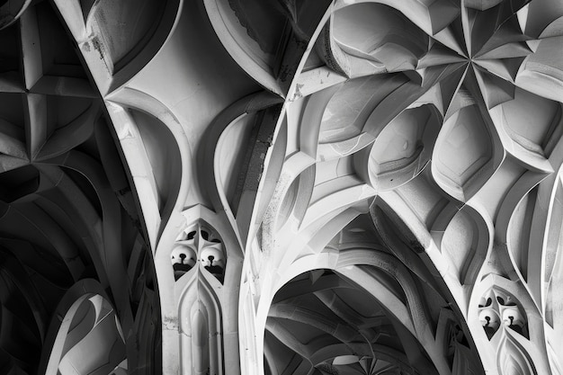 A black and white view inside a building showcasing architectural elements and spatial design Create a sense of movement and fluidity in the intricate patterns of Gothic vaulting