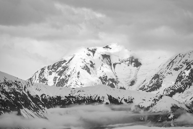 Black and white view of the mountains above Hubbard Glacier