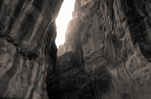 Black and White View of rocks and mountains in Petra Jordan