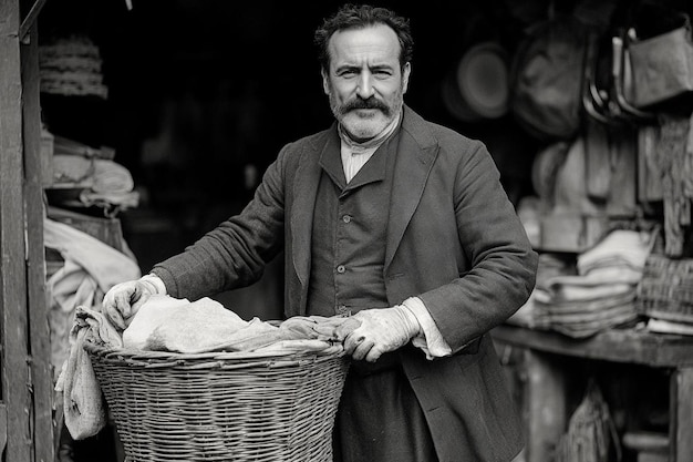 Photo black and white vintage portrait of man doing housework and household chores