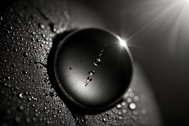 Photo a black and white a water droplet with the sun shining through it