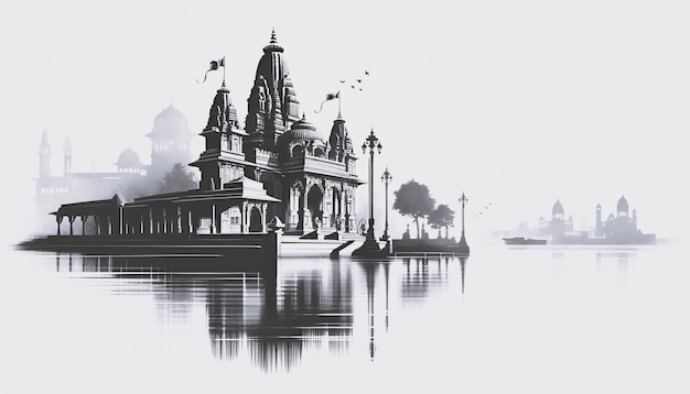 Black and white watercolor illustration with a stylized temple in gujarat